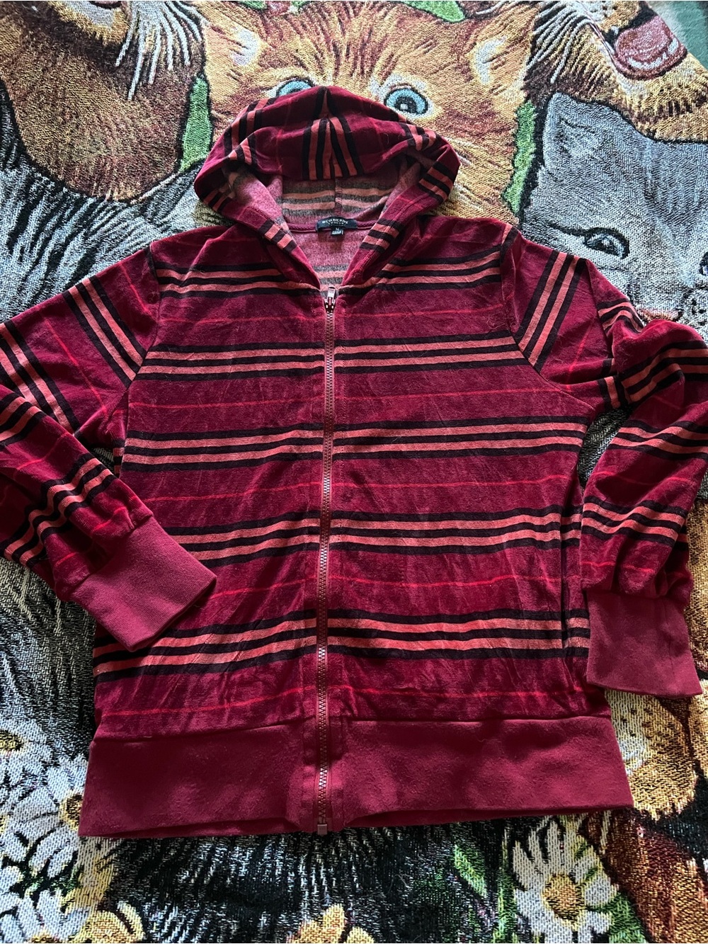 Burberry Velour Red Striped Hooded Zip Jacket